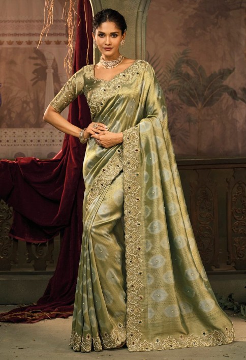 Olive Green Designer Embroidered Silk Saree with Heavy Border
